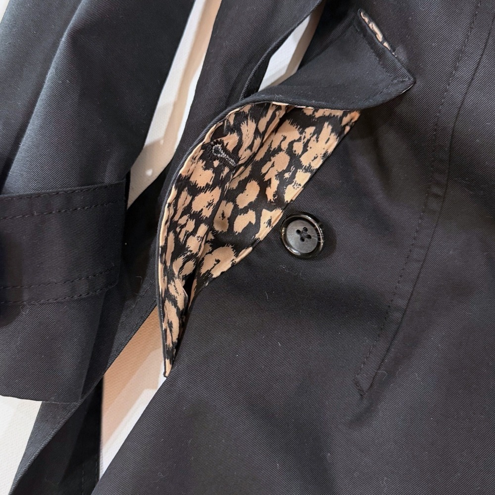 Banana Republic Leopard Lining Black Trench Coat XS Belt Whimsigoth Animal Print - Picture 4 of 8